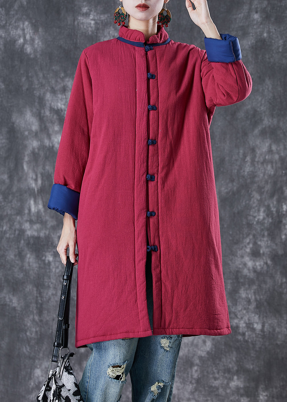 Red Chinese Button Thick Fine Cotton Filled Puffers Jackets Winter