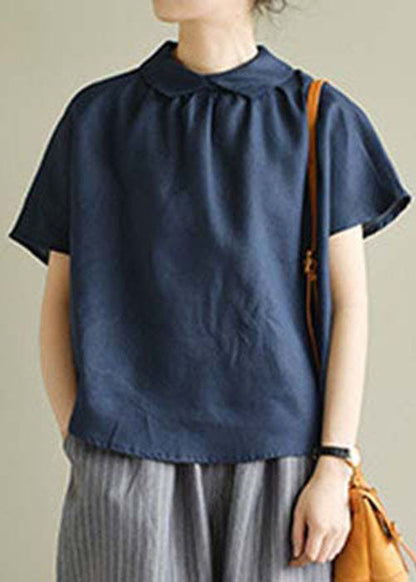 Simple Navy Peter Pan Collar Color Linen Shirts Short Sleeve
