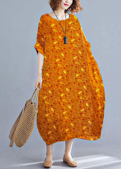 Orange Cashews O-neck Striped Summer Cotton Maxi Dresses