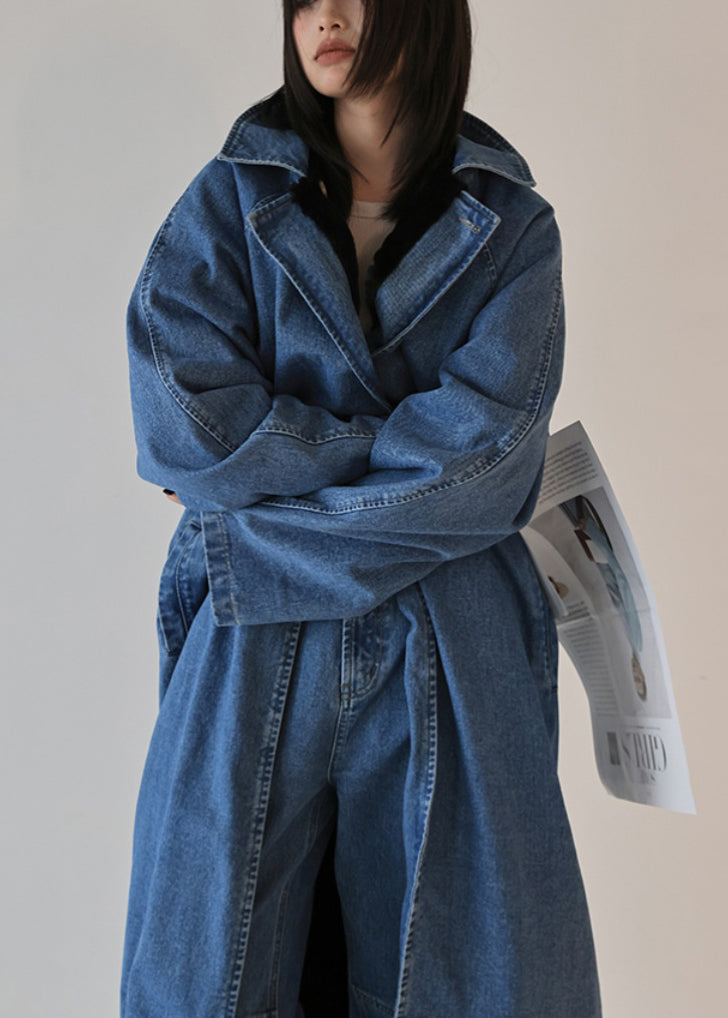 French Blue Oversized Wear on Both Sides Denim Trench Coat Fall