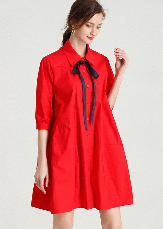 French Red Slim Fit Summer Cotton Half Sleeve Party Dress