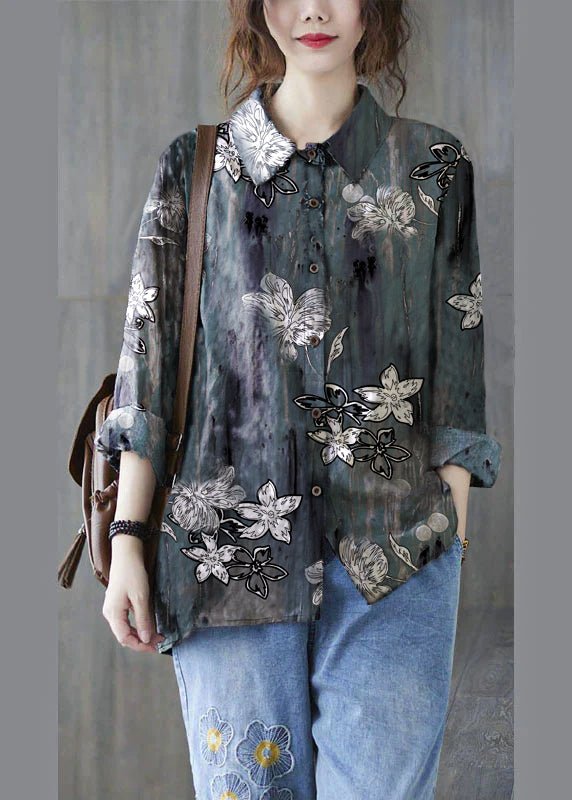 Unique Black Flower Peter Pan Collar Button Print Fall Blouses Long Sleeve