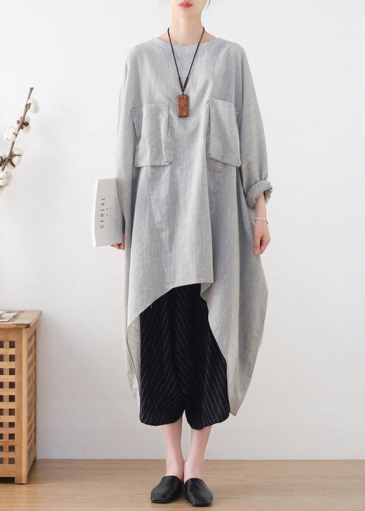 Light Grey Drawstring Asymmetrical Pockets Cotton Tops Batwing Sleeve