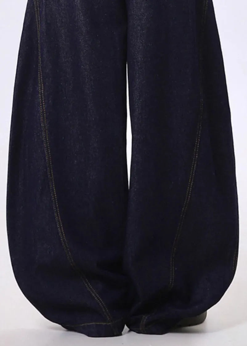 Navy Letter Print Denim Wide Leg Pants Spring