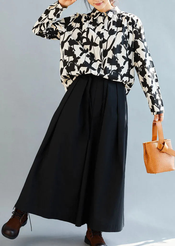 Boutique Black White Print Cotton Blouse Top Fall