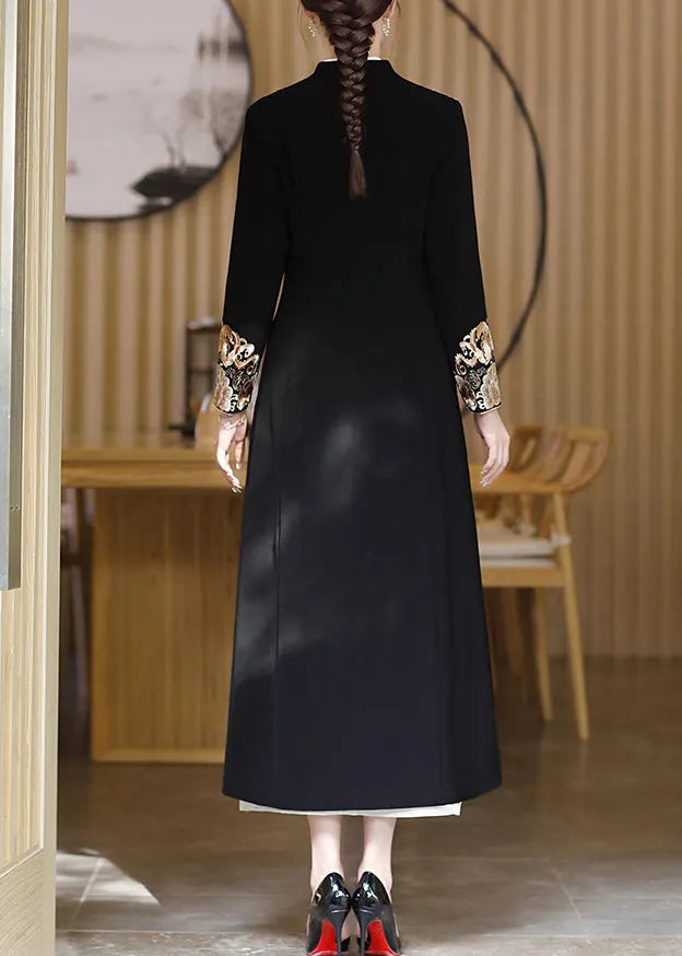 Black V Neck Embroideried Button Satin Trench Coats Fall