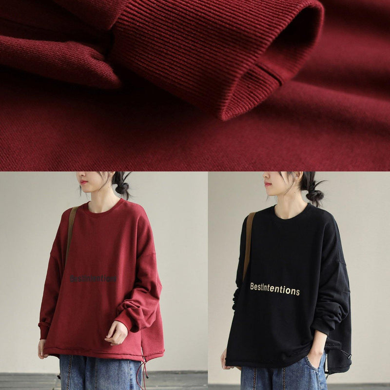 Style Red Alphabet Prints Cotton Blouse Drawstring Baggy Spring Blouses
