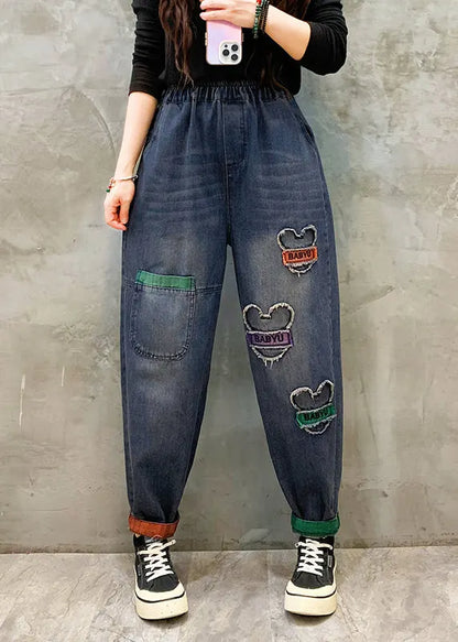 Blue Pockets Patch Elastic Waist Denim Pants Spring