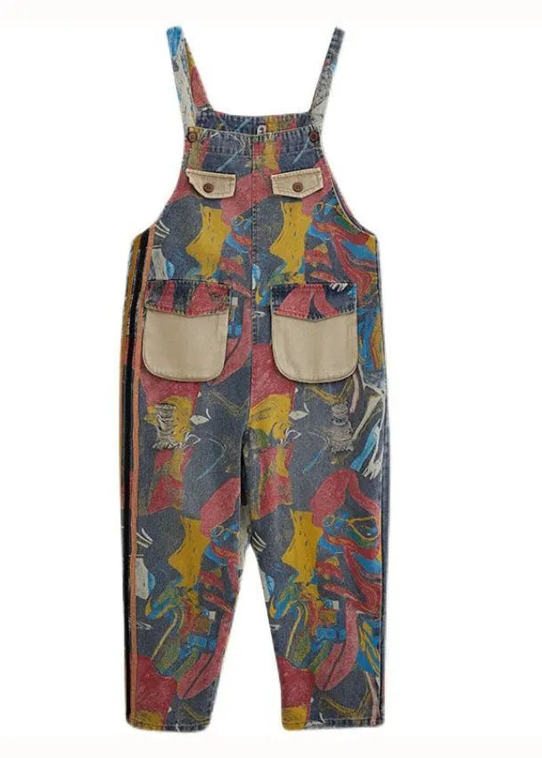Style Yellow Print Patch Denim Spaghetti Strap Jumpsuit Spring
