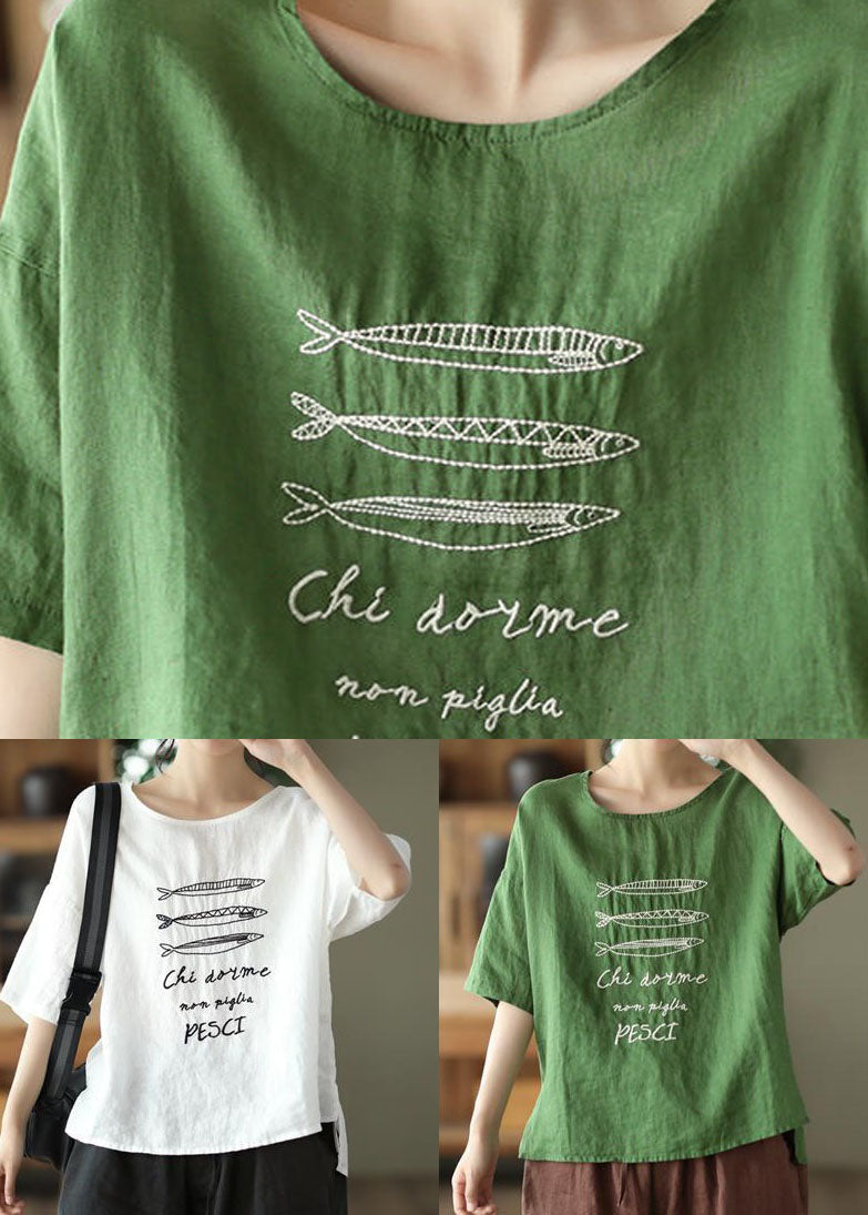 White O Neck Patchwork Linen T Shirt Summer