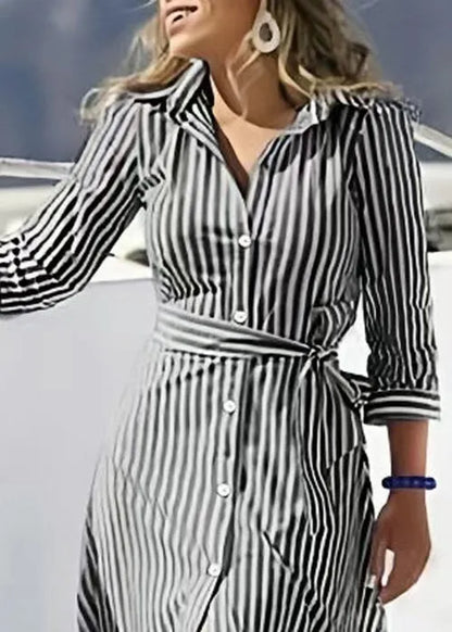 Loose Black Striped Button Tie Waist Cotton Blouses Dresses Bracelet Sleeve Spring