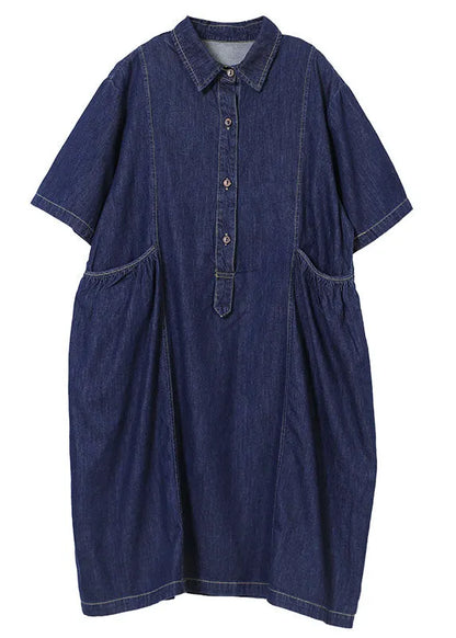 Denim Blue Peter Pan Collar Wrinkled Pockets Cotton Robe Dresses Short Sleeve