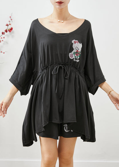 Italian Black Ruffled Cinched Cotton Two Pieces Set Summer