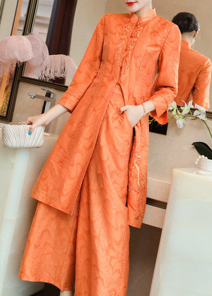 Orange Stand Collar Embroideried Silk Two Piece Set Fall