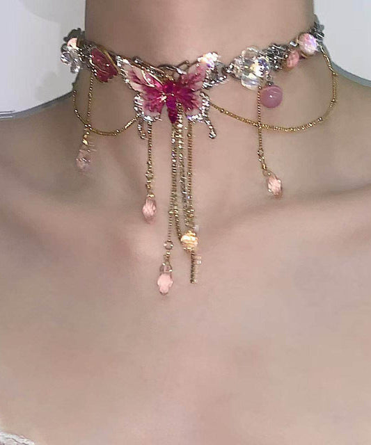 Style Pink Stainless Steel Butterfly Tassel Lariat Necklace