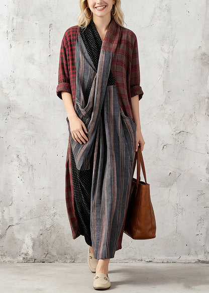 New Red Plaid Oversize V Neck Patchwork Linen Clothing Dress Pockets Asymmetrical Design Caftans Spring