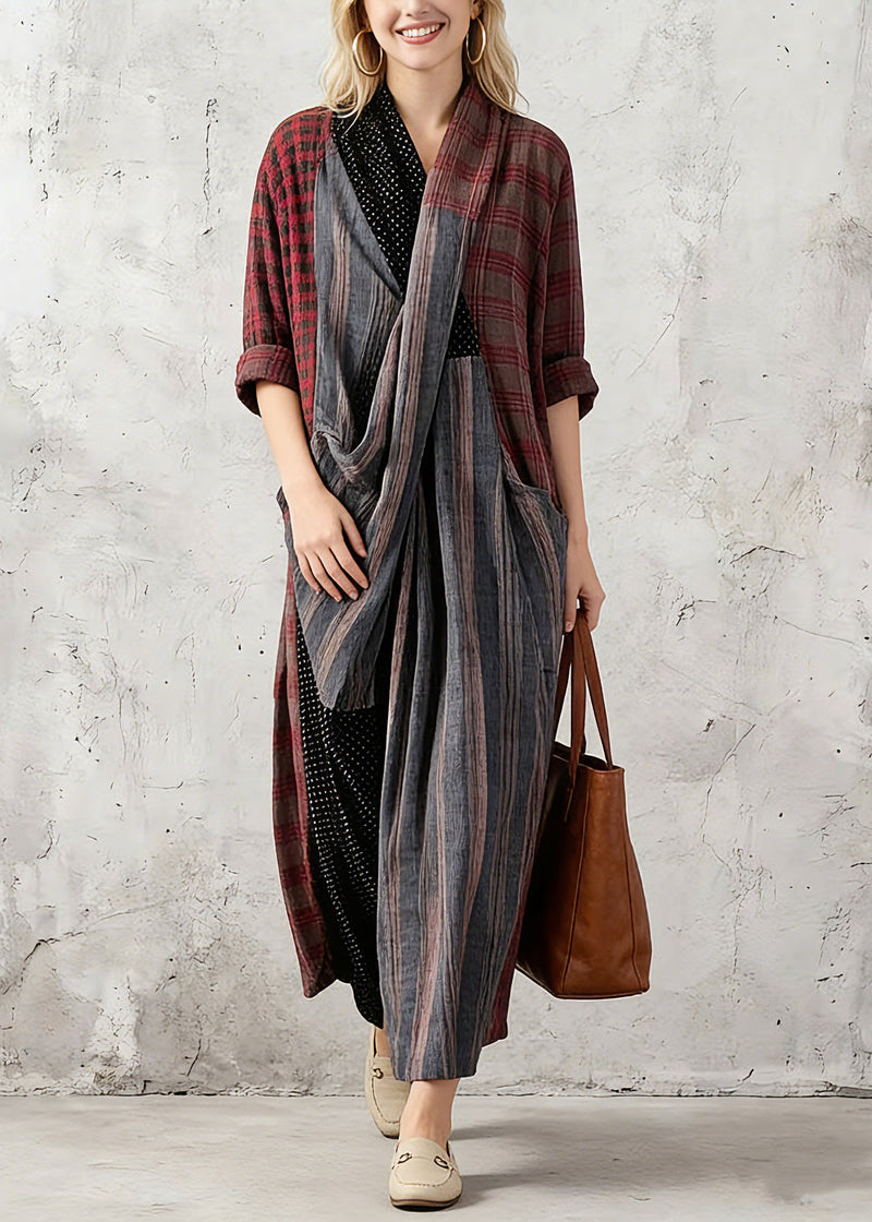 New Red Plaid Oversize V Neck Patchwork Linen Clothing Dress Pockets Asymmetrical Design Caftans Spring