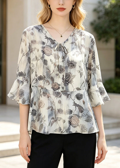 Classy Light Grey Print Silk Shirt Flare Sleeve