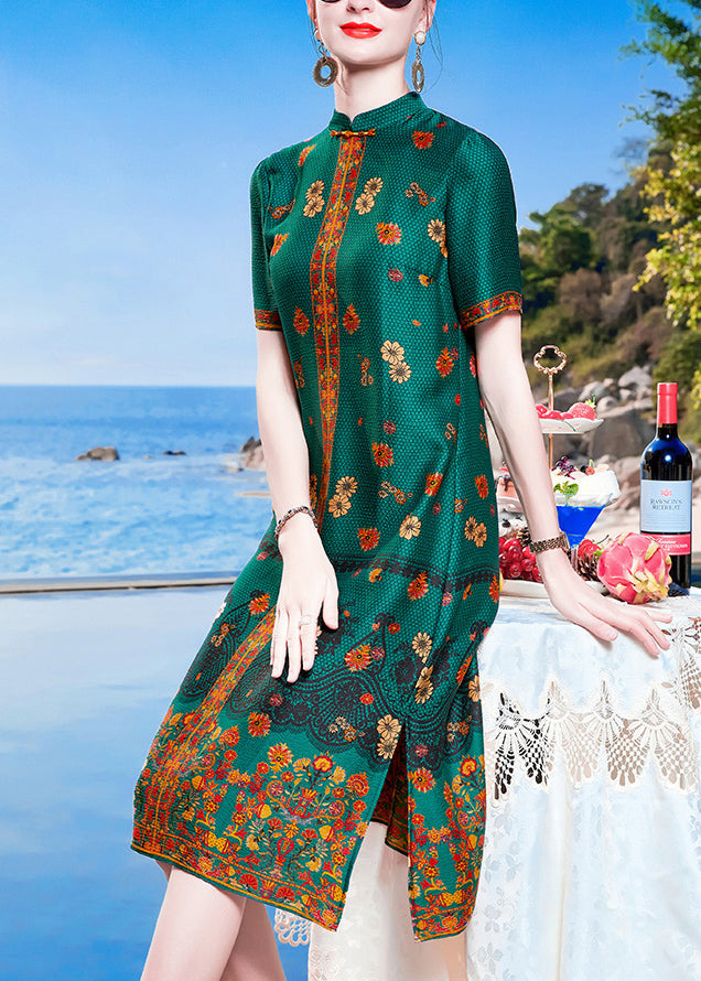 Blue Green Mandarin Collar Print Side Open Silk Cheongsam Dresses Short Sleeve