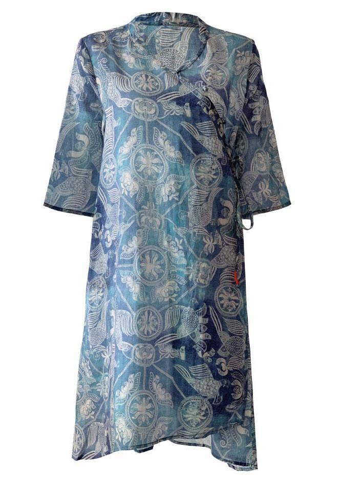 Loose Blue Tie Waist Print Summer Ramie Top