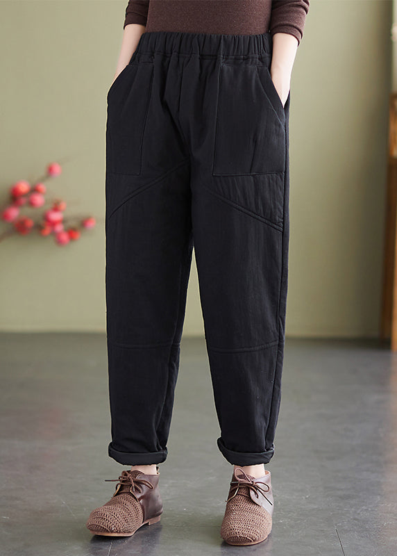 Boutique Black Elastic Waist Fine Cotton Filled Pants Winter