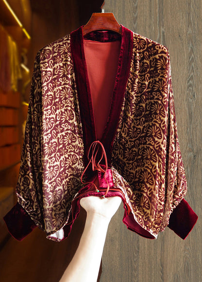 Wine Red Print Lace Up Patchwork Silk Velour Top Long Sleeve