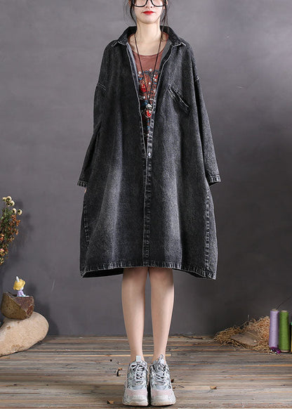 Diy Charcoal Grey Peter Pan Collar Button Denim Coats Spring