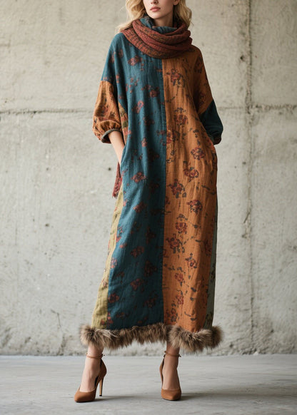 Diy Print Fuzzy Fur Fluffy Patchwork Cotton Long Dress Fall