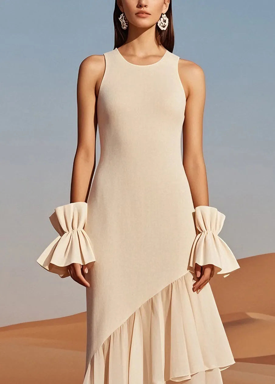 Beige O Neck Wrinkled Patchwork Knit Dress Sleeveless