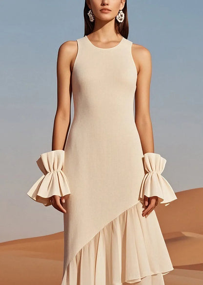 Beige O Neck Wrinkled Patchwork Knit Dress Sleeveless