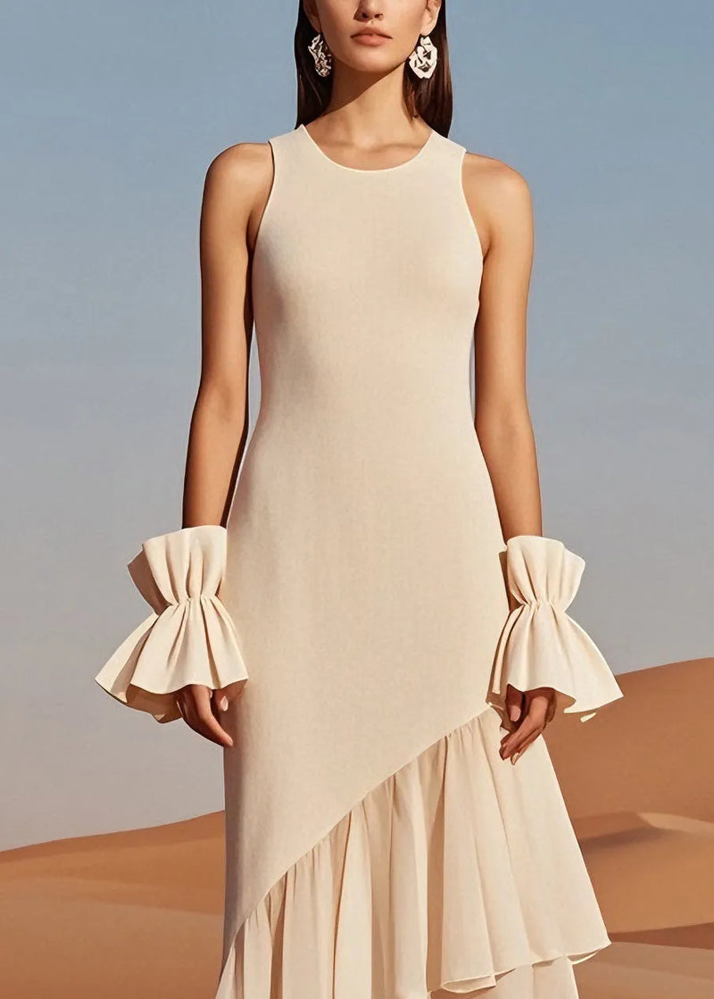 Beige O Neck Wrinkled Patchwork Knit Dress Sleeveless