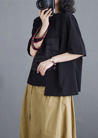 Brief Black Patchwork Cotton T Shirts Summer