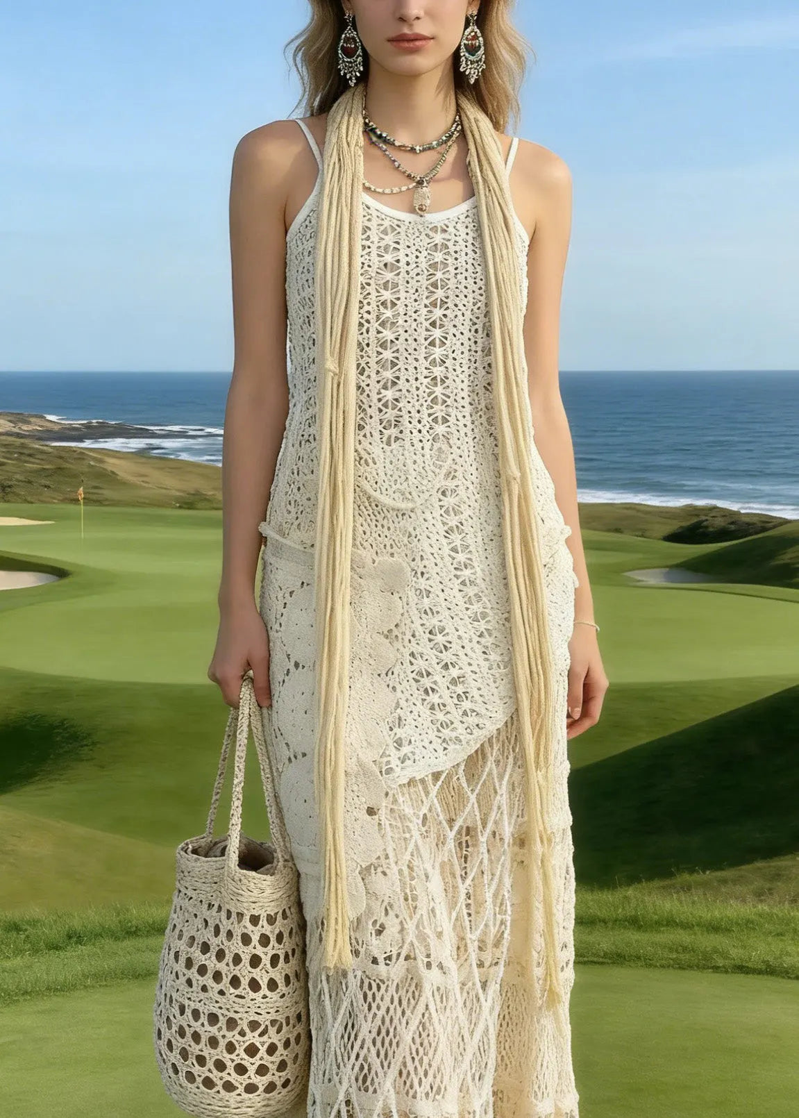 Apricot Asymmetrical Lace Knit Two Piece Suit Set Summer