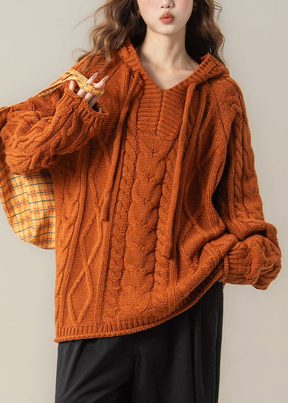 Orange Oversized Cable Knit Spring Top Hooded