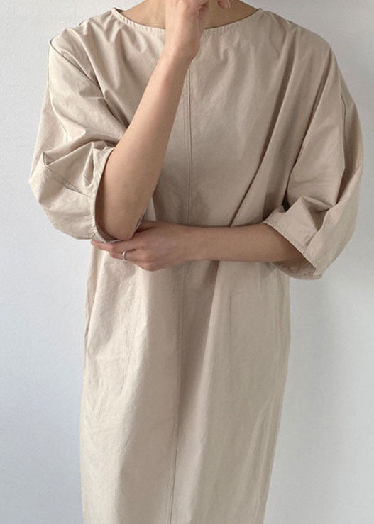French Khaki Side Open Cotton Dress Half Sleeve