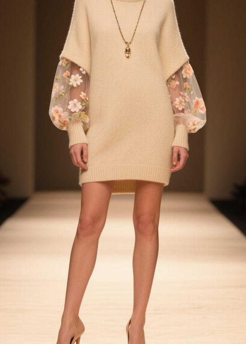 Beige Hign Neck Tulle Patchwork Knit Dress Winter
