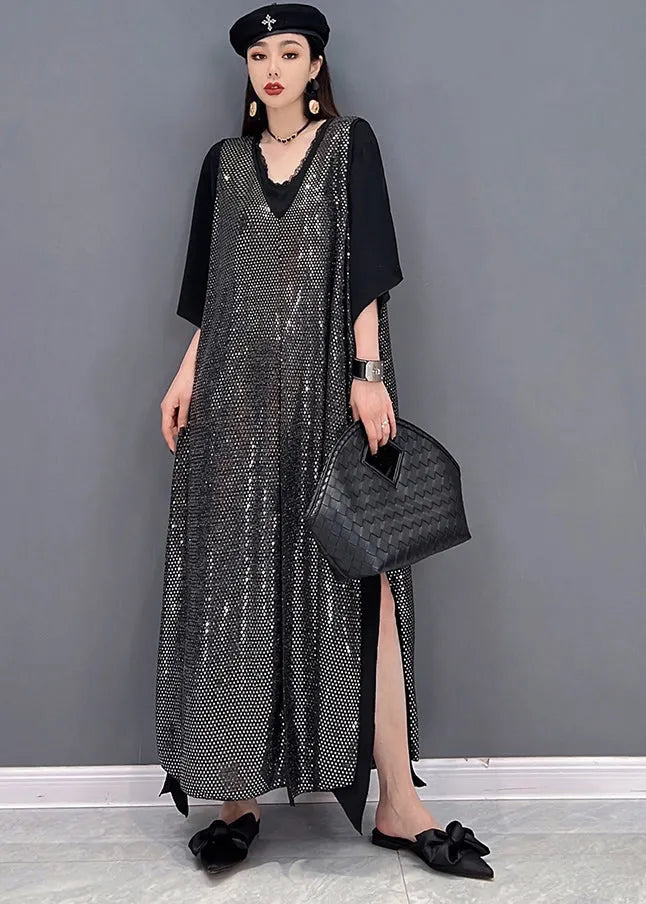 Unique Black V Neck Side Open Chiffon Long Dress and Sequins Long Smock Two Pieces Set Summer