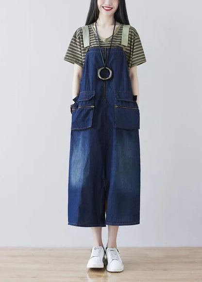 French Blue Zip Up Side Open Pockets Cotton Denim Strap Dresses Spring