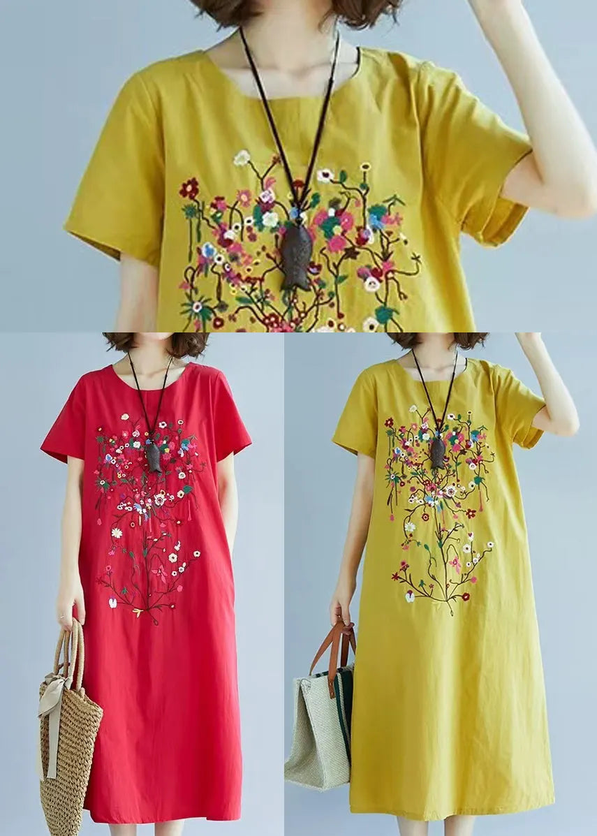 Yellow Fine Embroidered Linen Dress Summer