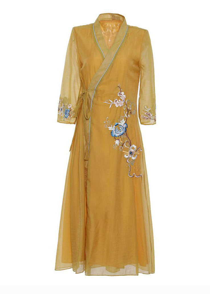 Yellow V Neck Embroideried Patchwork Silk Dress Summer