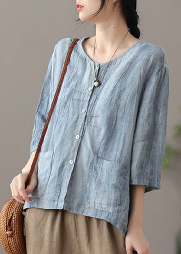 Blue O-neck Button Linen Shirt Top Bracelet Sleeve