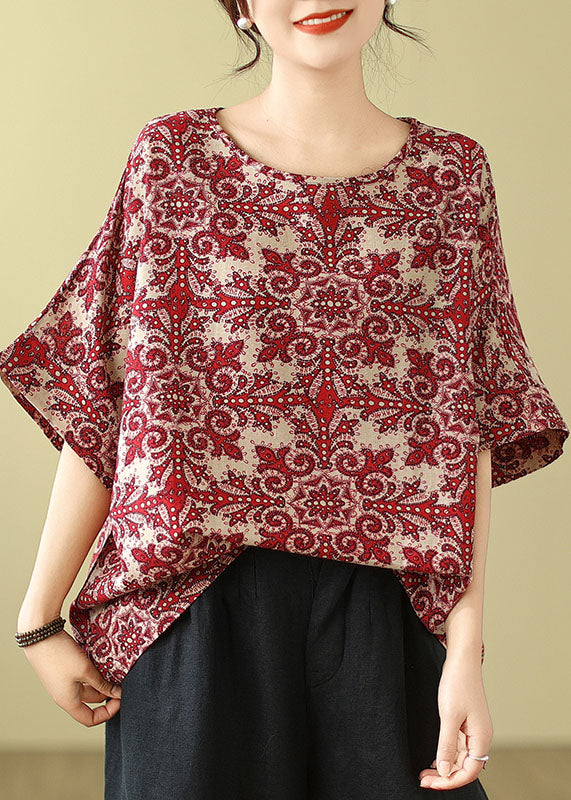 Red O Neck Print Cotton Blouse Top Summer