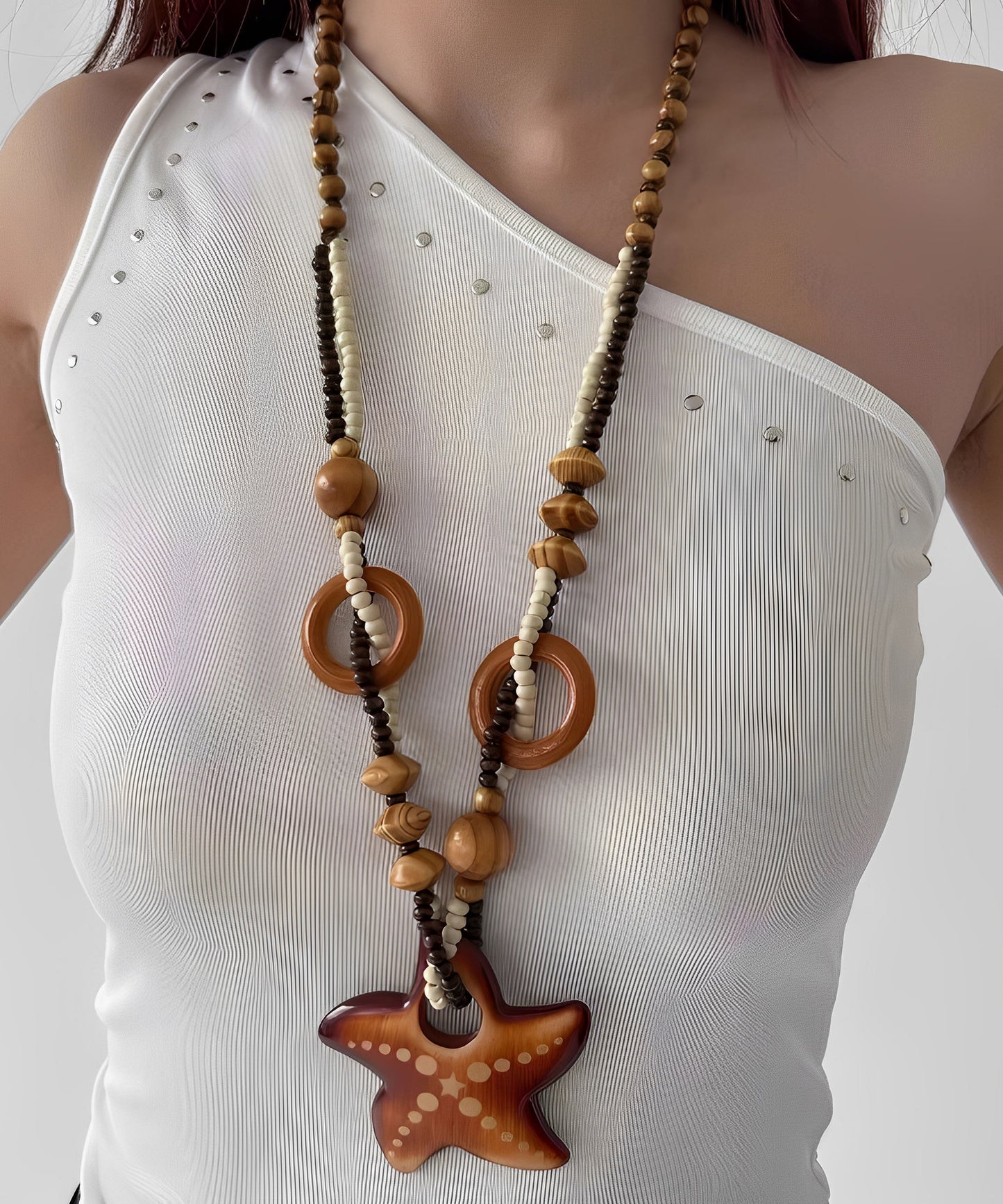 Brown Woodiness Starfish Beads Pendant Necklace