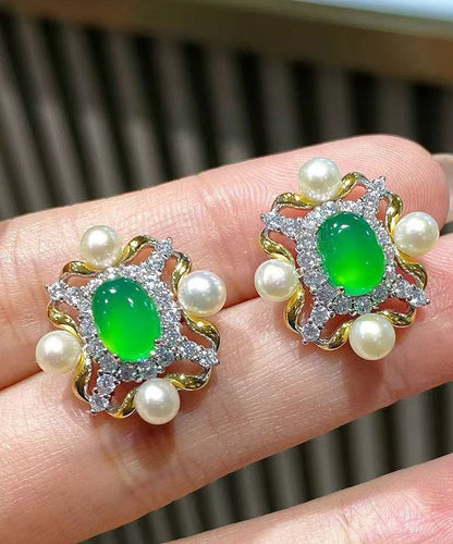 Green Sterling Silver Overgild Zircon Jade Pearl Stud Earrings