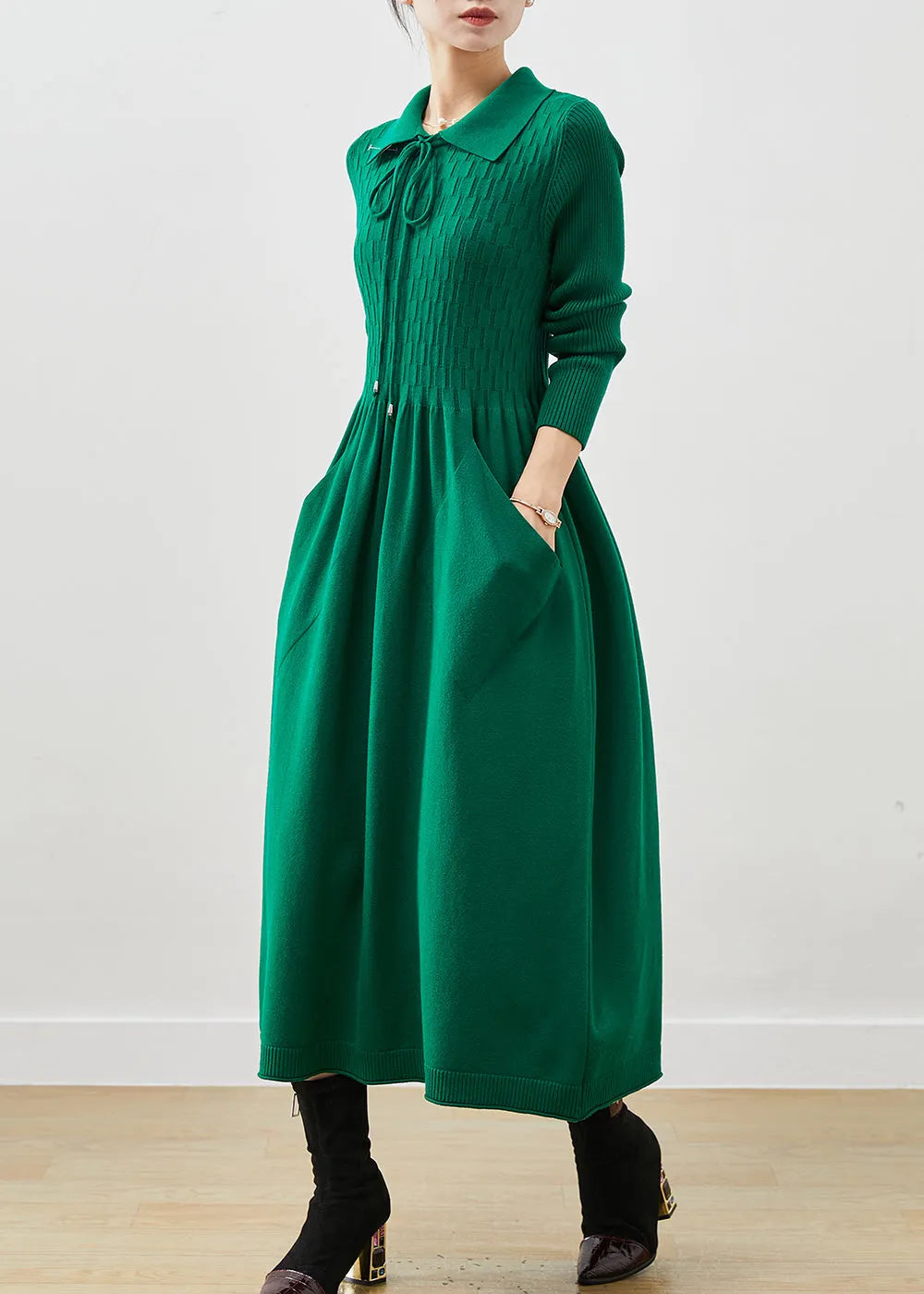Blackish Green Lace Up Pockets Knit a Line Dresses Spring