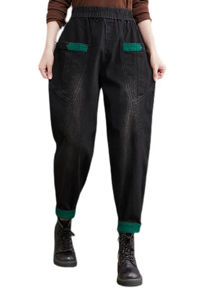 Style Black Pockets Patchwork Denim Pants Spring