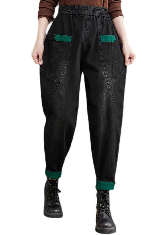 Style Black Pockets Patchwork Denim Pants Spring