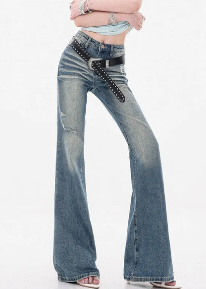 Slim Fit Blue Hole High Waist Denim Flare Bottoms Fall