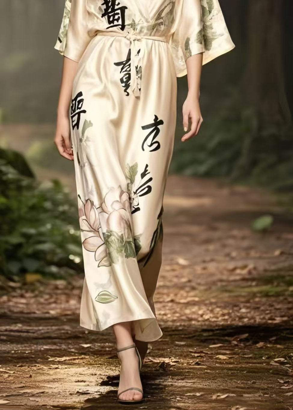 Apricot V Neck Print Draping Silk Long Dress Summer