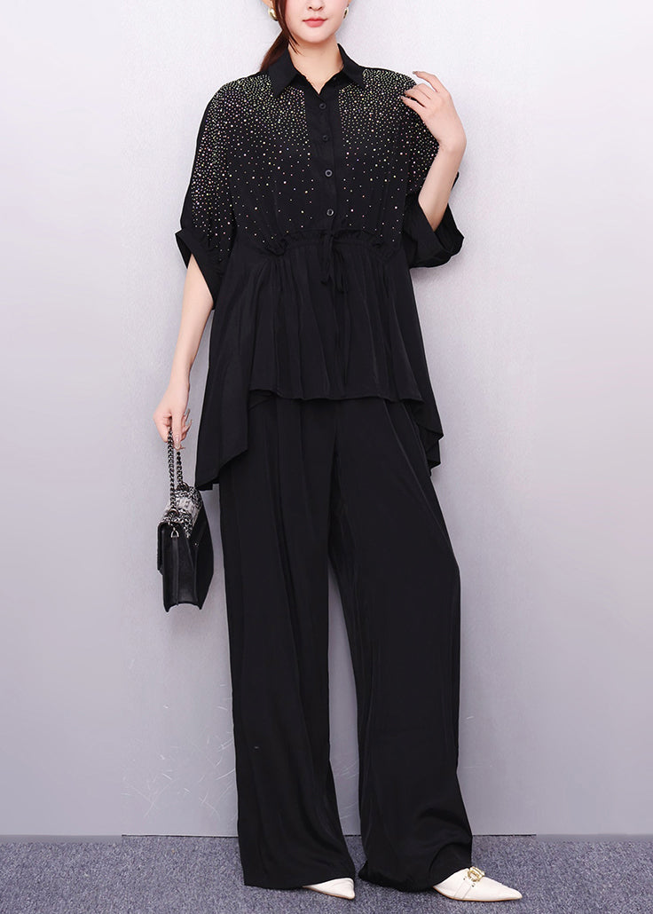 French Black Oversized Rhinestone Two Pieces Set Summer
